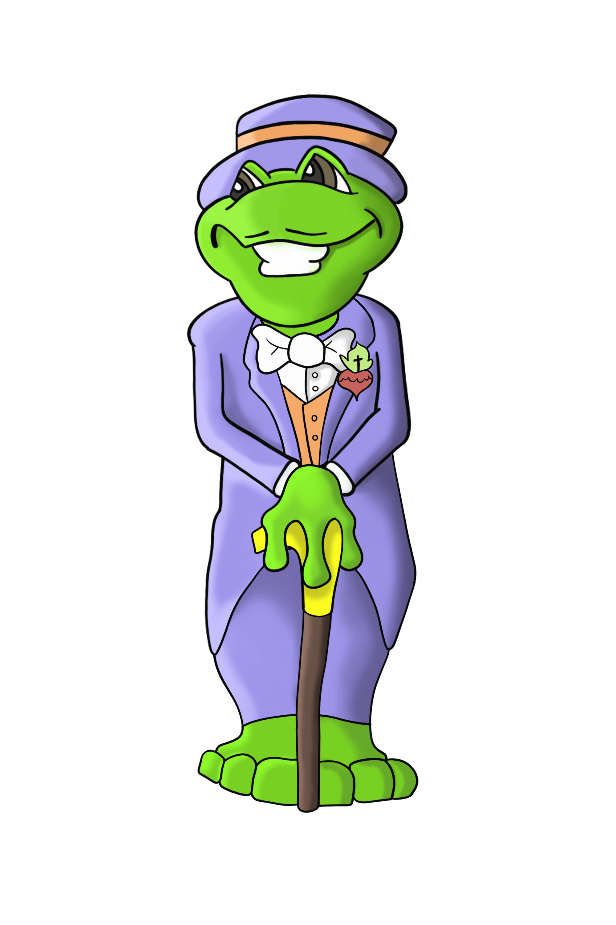 animated frog in a purple suit with a purple hat holding a cane